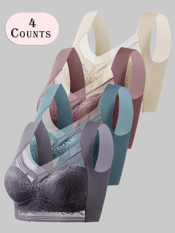 Women's Contrast Lace Wireless Push Up Bra, Soft Comfortable Breathable Lingerie Top for Daily Wear, Basic Womenswear for Lady, Lingerie for All Seasons